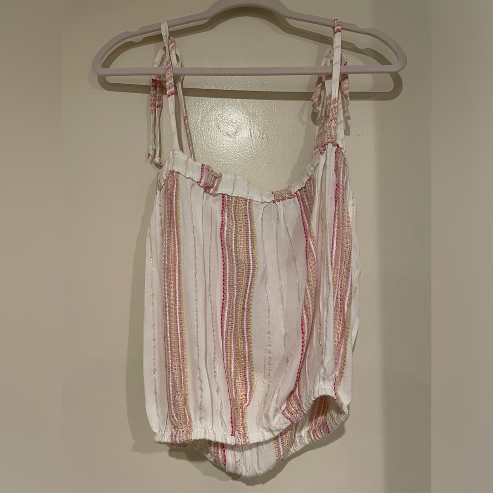 Tie strap multi-color tank top with metallic threading